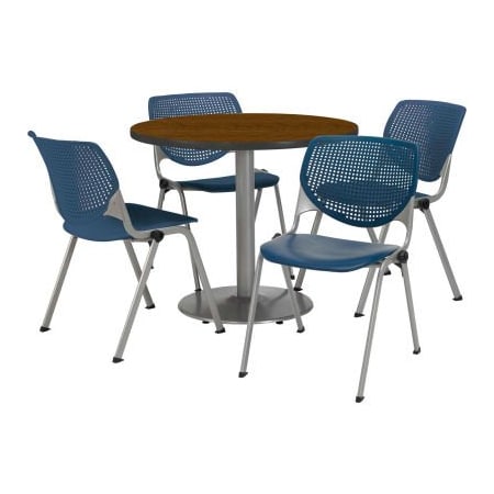 Kfi 42" Round Dining Table & Chair Set, Walnut Table With Navy Plastic Chairs T42RD-B1922SL-WL-2300-P03